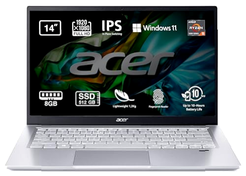 Acer Swift 3 SF314-43 - Ordenador Portatil 14 Pulgadas Full HD IPS, Laptop (AMD Ryzen 5 5500U, 8GB RAM, 512GB SSD, UMA Graphics, Windows 10 Home), PC Portátil Color Plata - Teclado QWERTY Español
