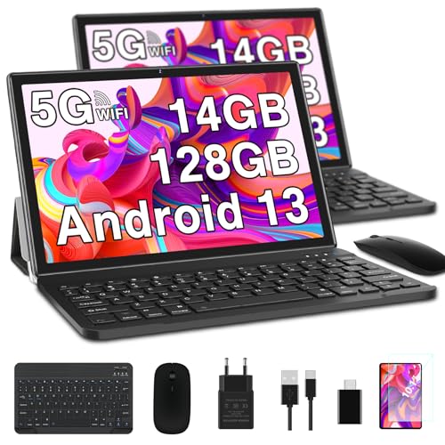2024 Newest Tablet 10 Pulgadas 14GB RAM + 128GB ROM (1TB TF), Android 13 5G + 2.4G WiFi, Cores 2.0Ghz, GPS, Bluetooth 5.0, 8MP + 5MP, Type C, OTG, Cast, Tablet PC con Funda, Teclado e Ratón - Negro